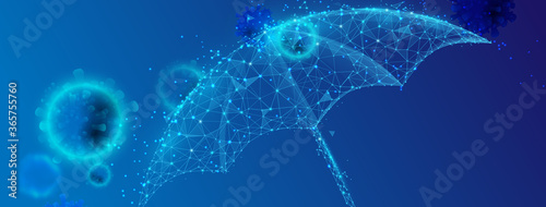 Coronavirus COVID-19, Influenza Virus Cells Floating on the Umbrella. Umbrella Protects Virus. Concept of Protection. Low Poly and Wireframe Design. Vector Illustration