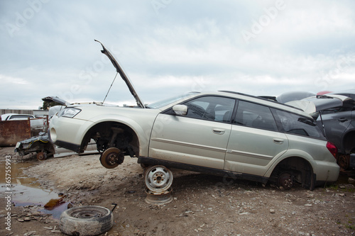 Melbourne, Victoria / Australia - July 18 2020: Old wrecked cars in junkyard. Car recycling.