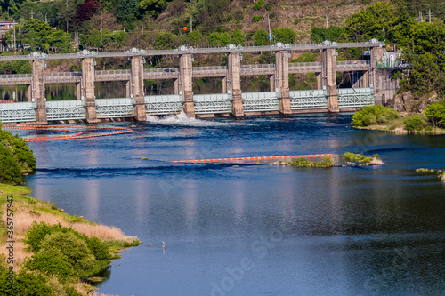 Landscape of dam releasing water into river