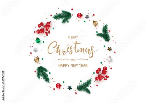 Christmas composition. Green fir tree, red berry, balls, star, wreath decor isolated top view on white background. Xmas holiday. Minimal flat lay style. Garland decoration. Vector illustration.