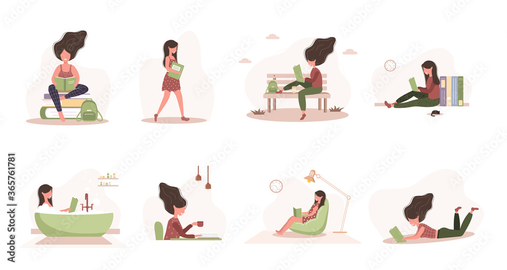 Books lovers. Reading women holding books. Preparing for examination or certification. Knowledge and education library concept, literature readers. Set of modern vector illustration in flat style.