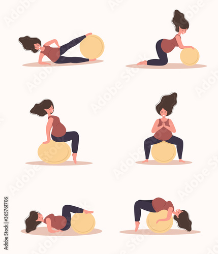 Yoga during pregnancy. Collection of fitness exercises with fitball. Woman doing sport. Health care and sport concept. Beauty female character. Vector illustration in flat style.
