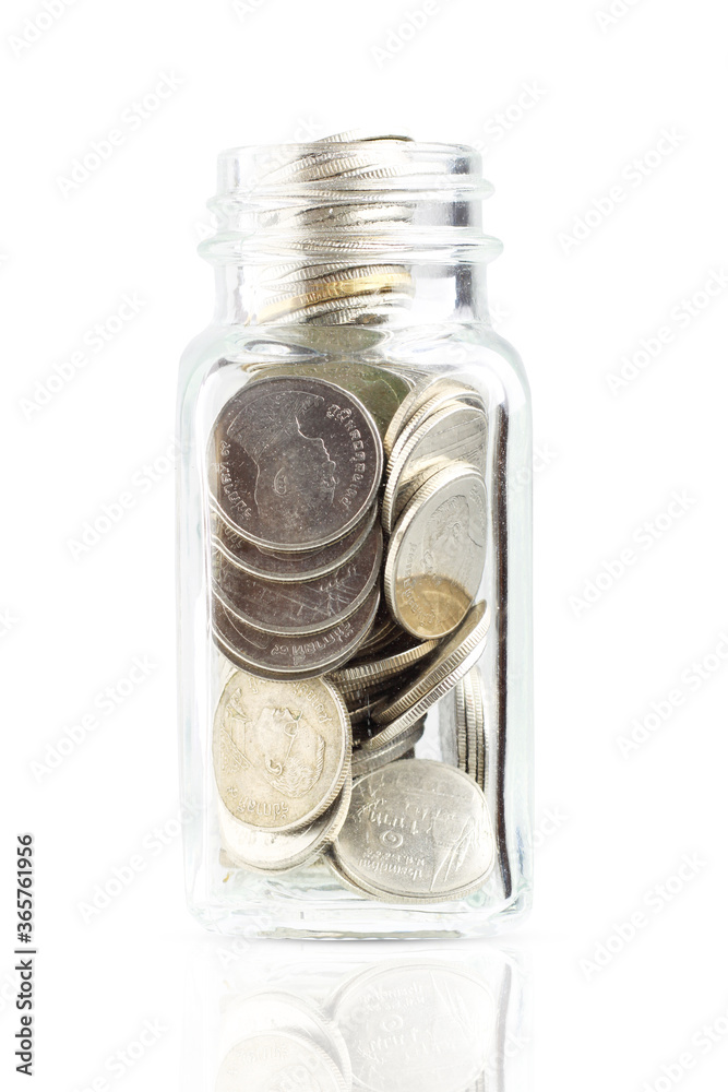 Coins in jars Isolated on white background, finance Coins in jars Isolated on white background, finance