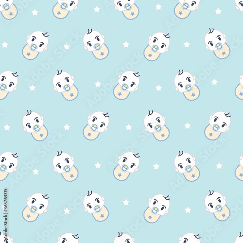 seamless pattern with baby boy with baby bib and pacifier