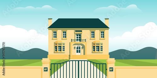 Mansion House Rich Luxury With Backyard Mountain View Cartoon Background Illustration
