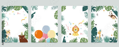 Green collection of safari background set with monkey,bear,giraffe.Editable vector illustration for birthday invitation,postcard and sticker