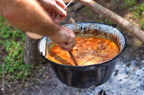 Preparing food on campfire in nature