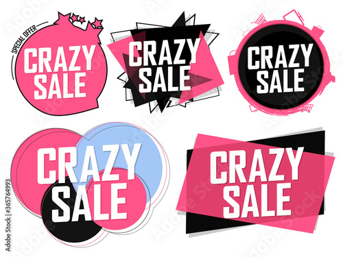 Set Crazy Sale banners design template, discount tags, vector illustration