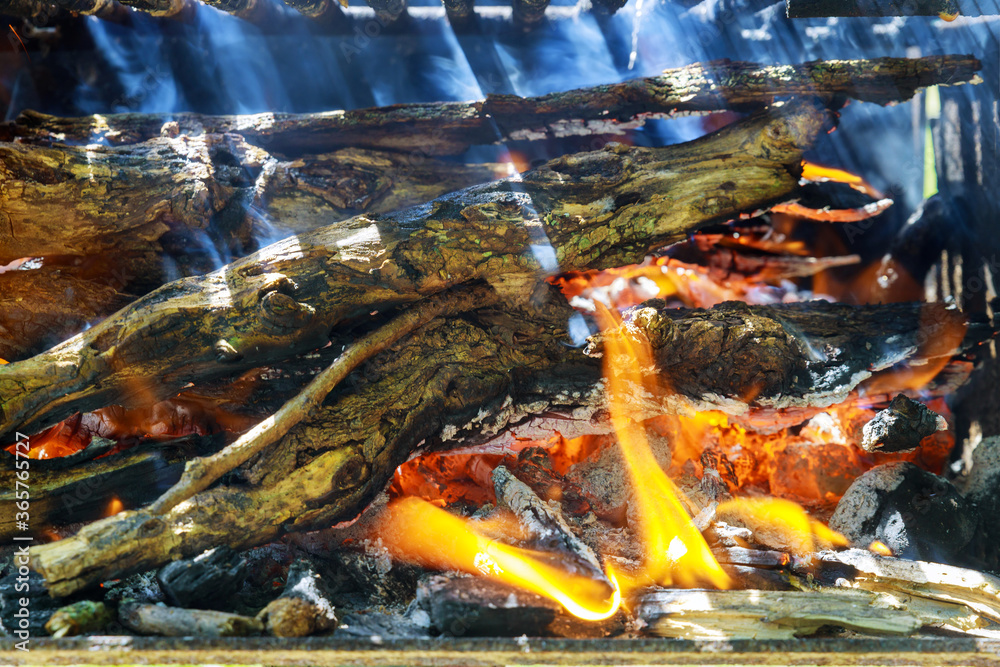 Burning firewood in the grill with ray of sunshine.