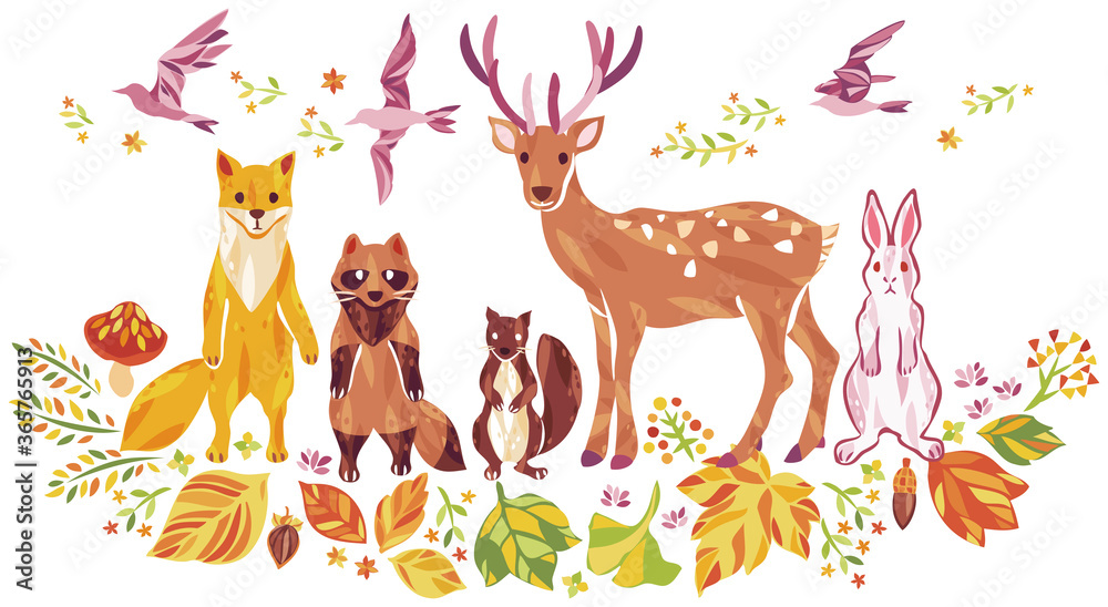 秋の紅葉や落ち葉や動物のイラスト 秋の紅葉や落ち葉や動物のイラスト