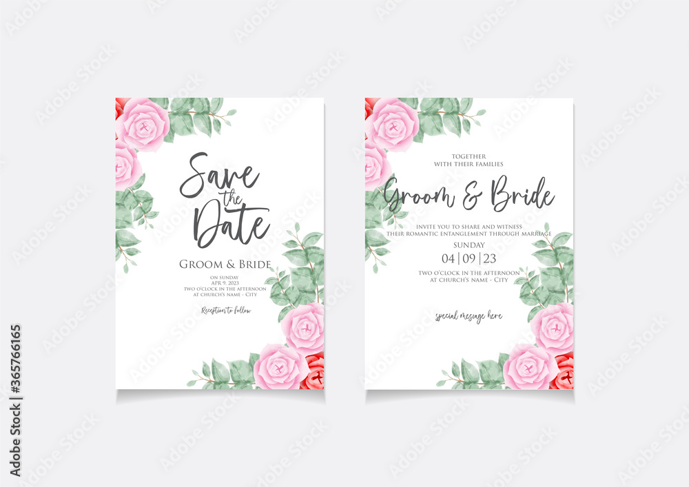 Wedding invitation card template with watercolor rose design frame for save the date, invitation, house warming or greeting card. Vector design	