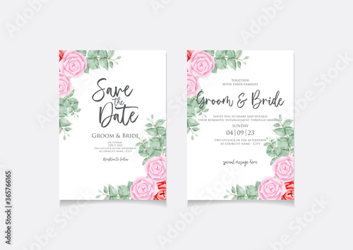 Wedding invitation card template with watercolor rose design frame for save the date, invitation, house warming or greeting card. Vector design	