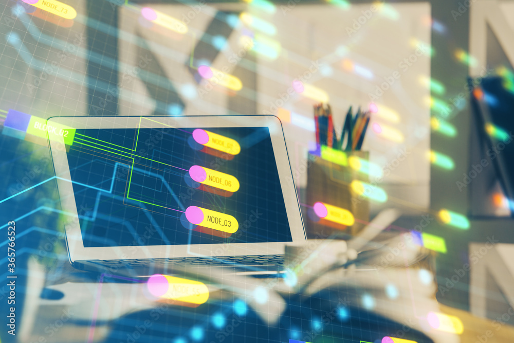 Double exposure of desktop with personal computer on background and tech theme drawing. Concept of data analysis. Double exposure of desktop with personal computer on background and tech theme drawing. Concept of data analysis.