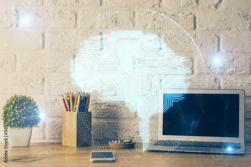 Double exposure of desktop computer and human brain drawing hologram. Ai concept. © peshkova