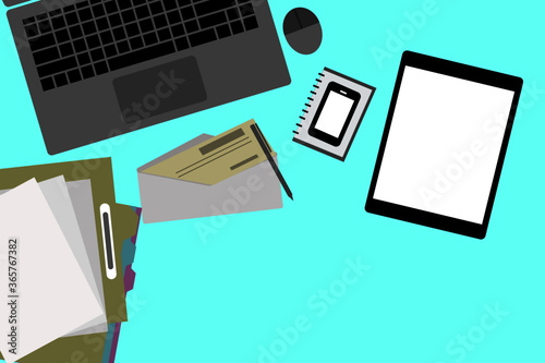 Modern creative business office desk with workspace flat design vector illustration. Top view workplace desktop background with laptop computer, checkbook, paperwork and digital tablet.