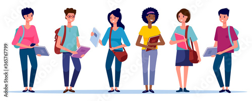 Happy group of students different race standing isolated on  white background. Smiling young people with backpacks, bags and books. Vector illustration in flat style. Education and youth concept