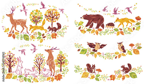 秋の紅葉や落ち葉や動物のイラストセット