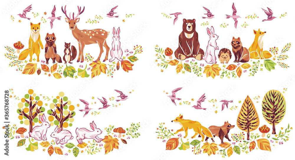 Obraz premium 秋の紅葉や落ち葉や動物のイラストセット