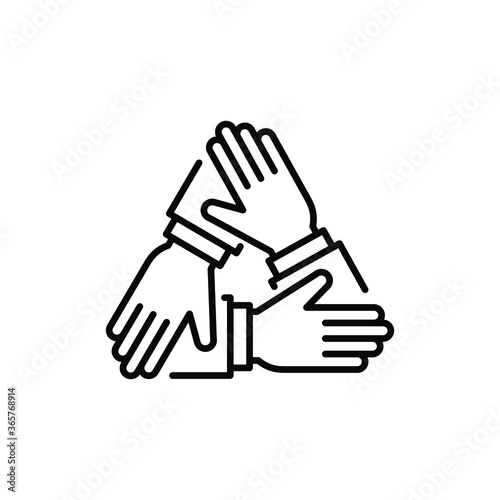 Three hands support each other. Collaboration teamwork thin line stroke. Support, Business friendship and partnership sign. unity in diversity. Vector illustration. Design on white background. EPS10