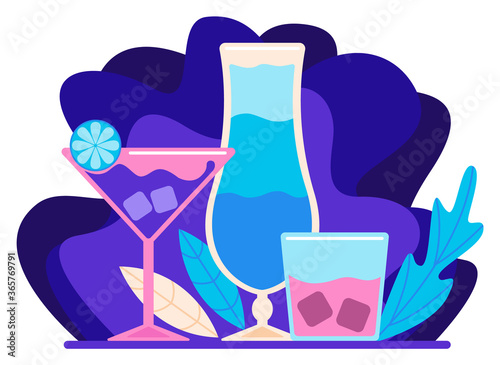 Set of alcoholic cocktails. Night party. Flat design. Vector illustration.