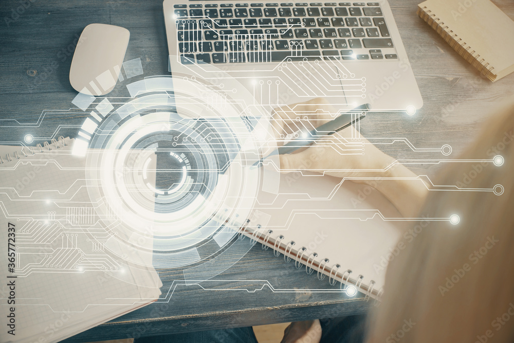 Multi exposure of writing hands on background with data solution hologram. Technology concept. Multi exposure of writing hands on background with data solution hologram. Technology concept.