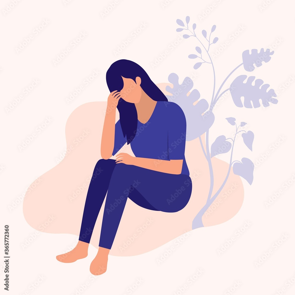 Woman Suffer From Depression. Mental Health And Social Issues Concept. Vector Flat Cartoon Illustration. Woman Suffer From Depression. Mental Health And Social Issues Concept. Vector Flat Cartoon Illustration.