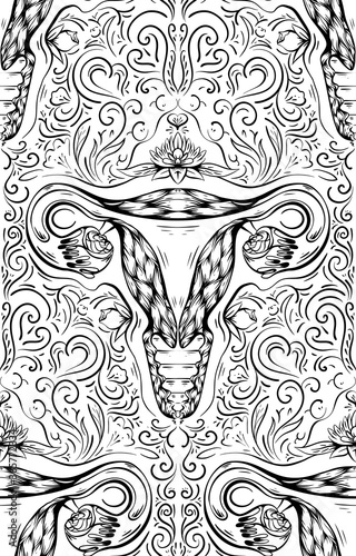 Seamless pattern with contour sketch of the uterus with flower and decoration. Healthy female body. Woman power. Uterus with tube and roses. Vector texture for wallpaper, backdrop and your design.