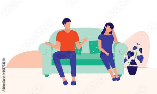 Husband And Wife Arguing. Marital Relationship And Social Issues Concept. Vector Flat Cartoon Illustration.