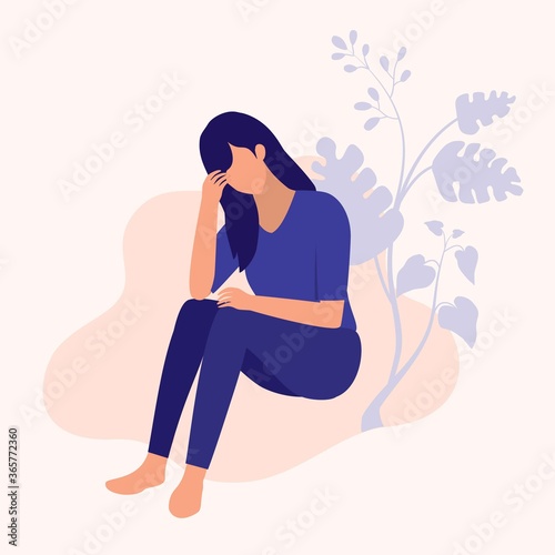Woman Suffer From Depression. Mental Health And Social Issues Concept. Vector Flat Cartoon Illustration.