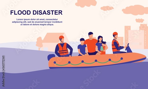 Flood Rescue Teams Helping Family And Children Out Of Floods. Flood And Natural Disaster. Full Length. Flat Design.