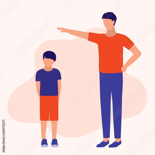 Father Scolding His Son. Parenting, Education And Social Issues Concept. Vector Flat Cartoon Illustration.