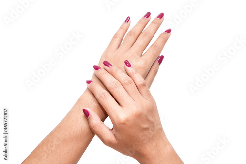 Photo of woman hands with red nails on white background