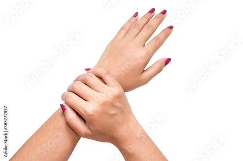 Photo of woman hands with red nails on white background