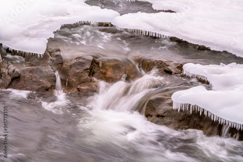 Sheet of ice over flowing water