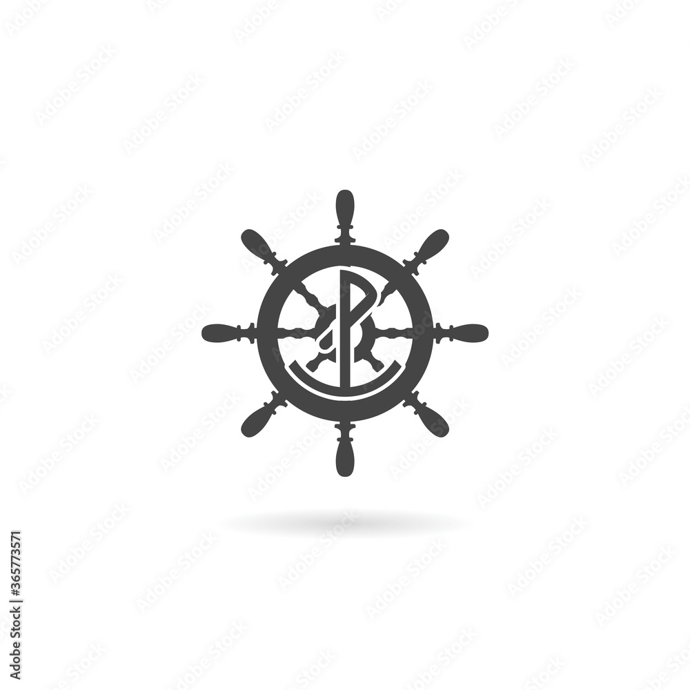 Obraz premium Ship steering wheel, anchor icon with shadow