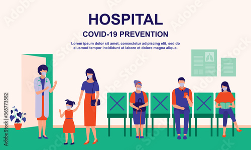 Patient Visiting Doctor At The Hospital While Maintaining Social Distancing. Healthcare, Covid-19 Social Distancing And Coronavirus Outbreak Prevention Concept. Vector Flat Cartoon Illustration.