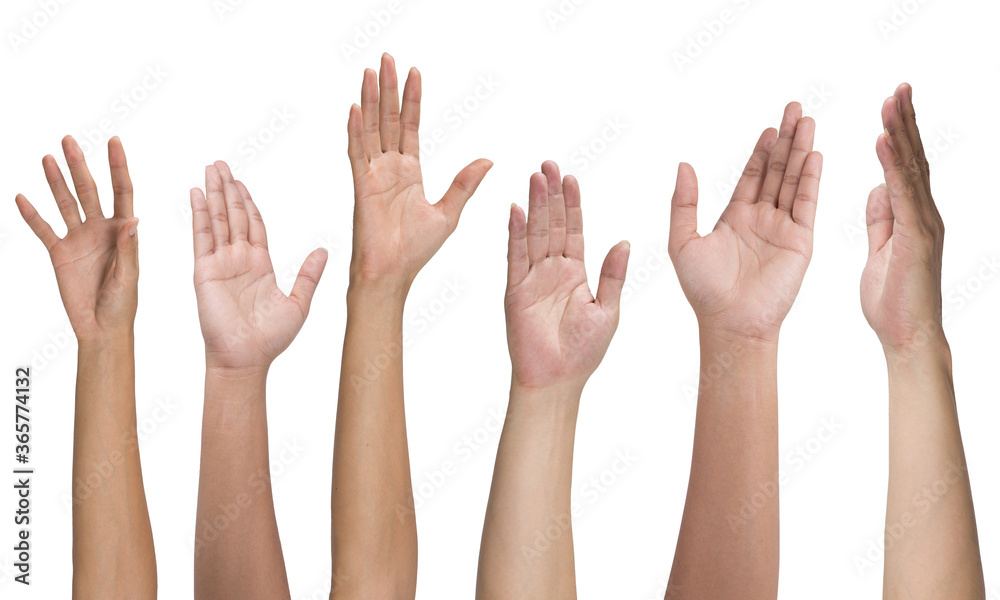 Many hands up isolated on white background