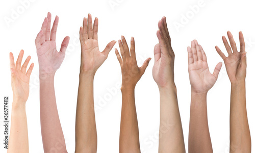 Many hands up isolated on white background
