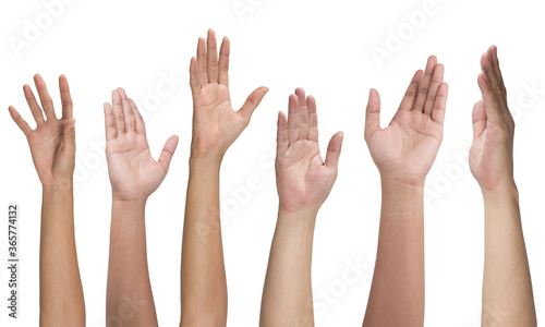 Many hands up isolated on white background