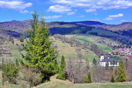 Spring landscape of the pretty mountain village Jaworki at the foot of the Pieniny and Beskid Mountains, Poland photo