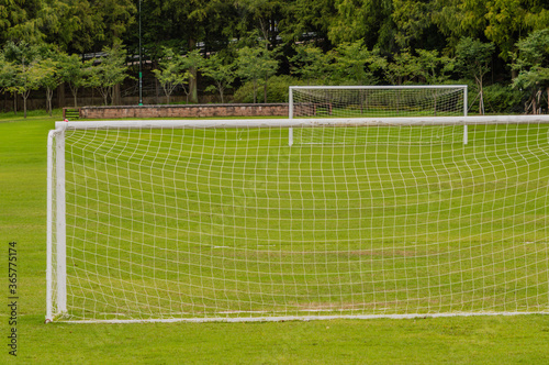 Soccer field with one goal in the foreground and one in the background and with a treeline in the background
