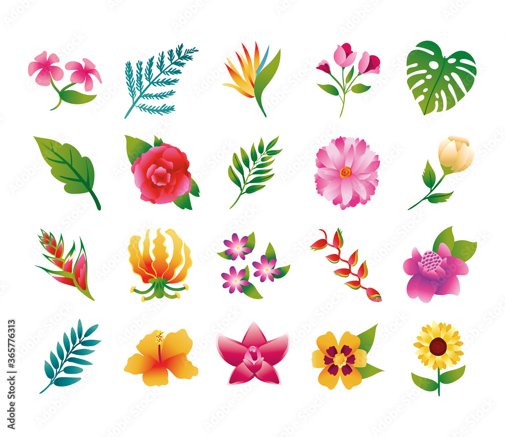 bundle of beautiful flowers and leafs icons