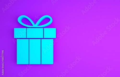 Blue Gift box icon isolated on purple background. Happy Birthday. Minimalism concept. 3d illustration 3D render.