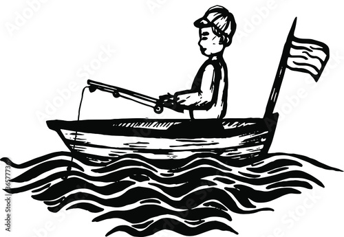 Fisherman boy sitting in a boat and fishing. Black and white graphics. Boy in the sea.