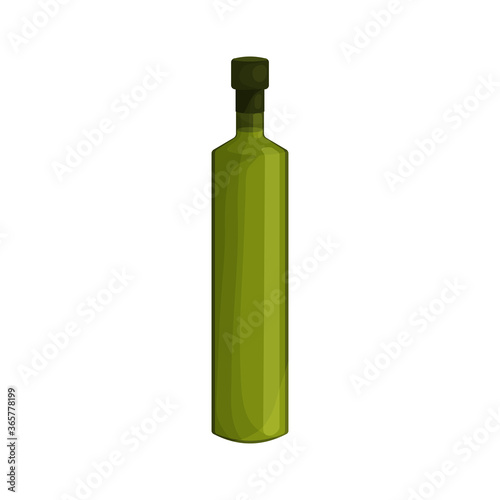Vector illustration of a bottle of olive oil in a cartoon style. Glass bottle of oil is an ingredient of Mediterranean cuisine. For label and packaging