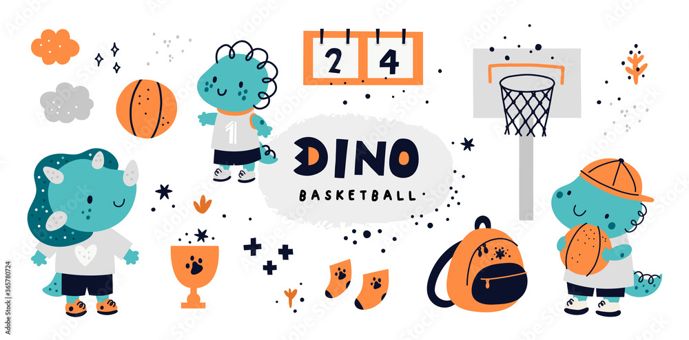 Childish collection with cute dino characters. Dinosaur animals playing in basketball. Sportive kids in school competitions. Vector cartoon doodle set with elements for design - obrazy, fototapety, plakaty 