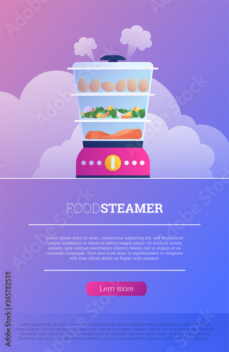 Flat food steamer device landing page. Healthy food cooking in electic double boiler. Household steamer appliance mobile app, homepage interface design vector illustration isolated on white background