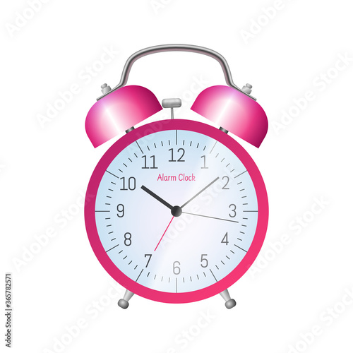 Pink classic alarm clock. Morning wake up symbol. Conception of punctuality, accuracy and time measurement flat vector illustration isolated on white background.