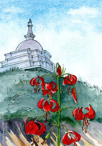 wild siberian lilies on Ogoy island on Baikal lake against the backdrop of a Buddhist stupa , watercolor graphice drawing, travel sketch. photo