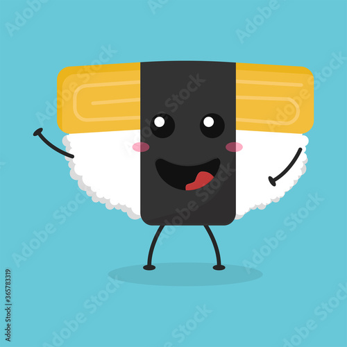 Cute flat cartoon Tamago sushi illustration. Vector illustration of cute sushi with a smiling expression.